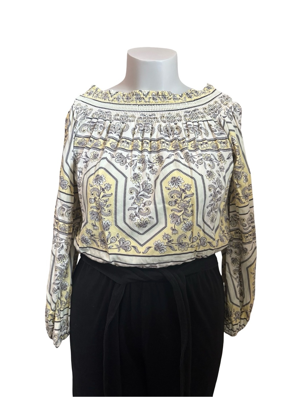 Wrangler Retro Smocked Off-Shoulder Paisley Blouse in Yellow and Cream